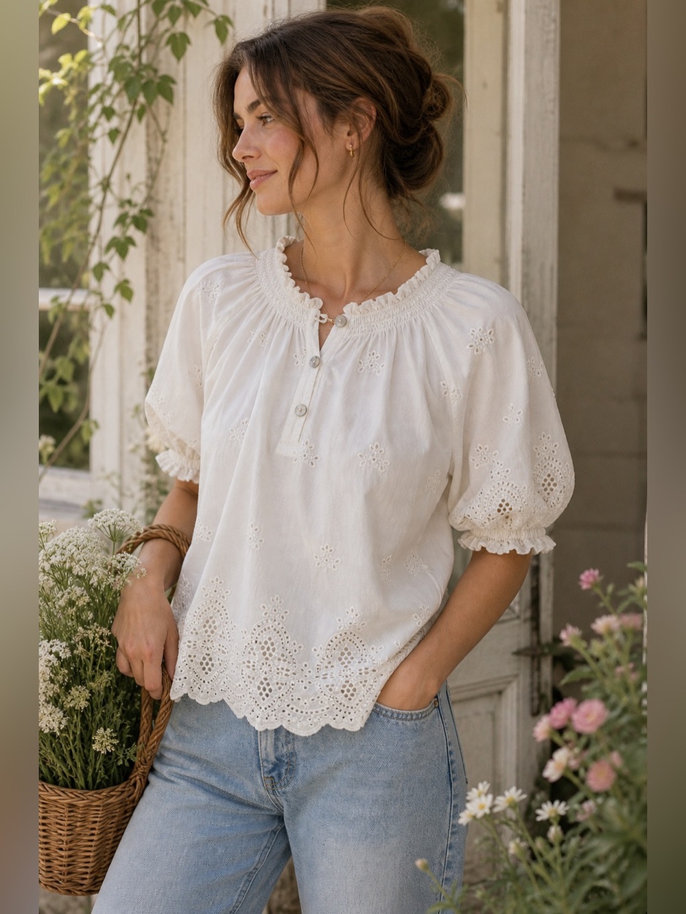 Tart romantic embroidered eyelet blouse boho cottagecore top S